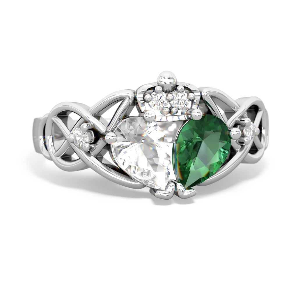 Lab Emerald 'One Heart' Celtic Knot Claddagh 14K White Gold ring R5322