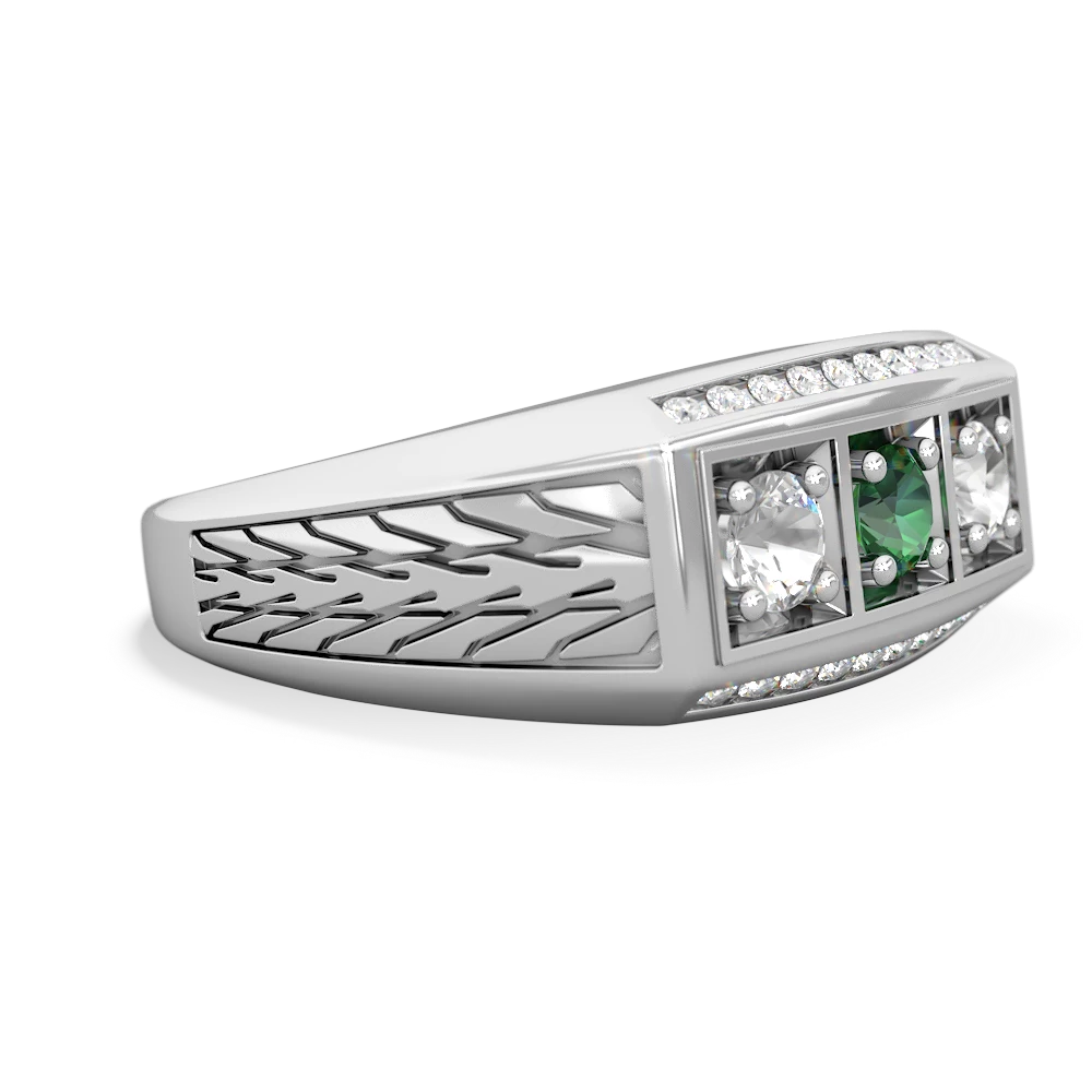 Lab Emerald Three Stone Tire Tread Men's 14K White Gold ring R0520