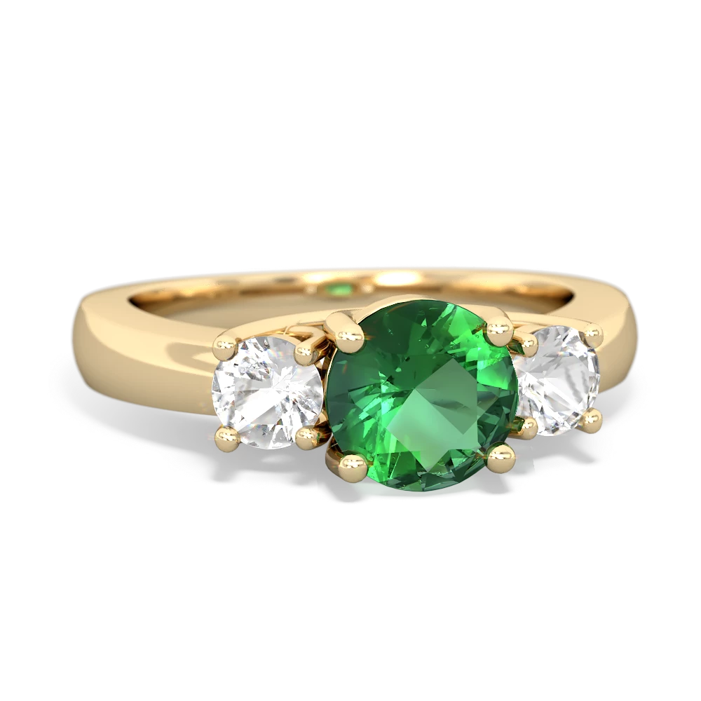 Lab Emerald Three Stone Round Trellis 14K Yellow Gold ring R4018