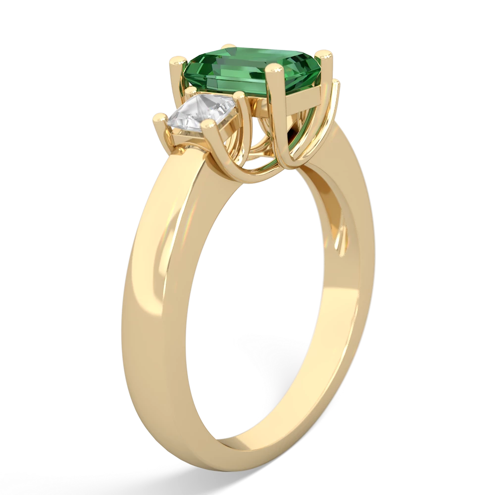 Lab Emerald Three Stone Emerald-Cut Trellis 14K Yellow Gold ring R4021