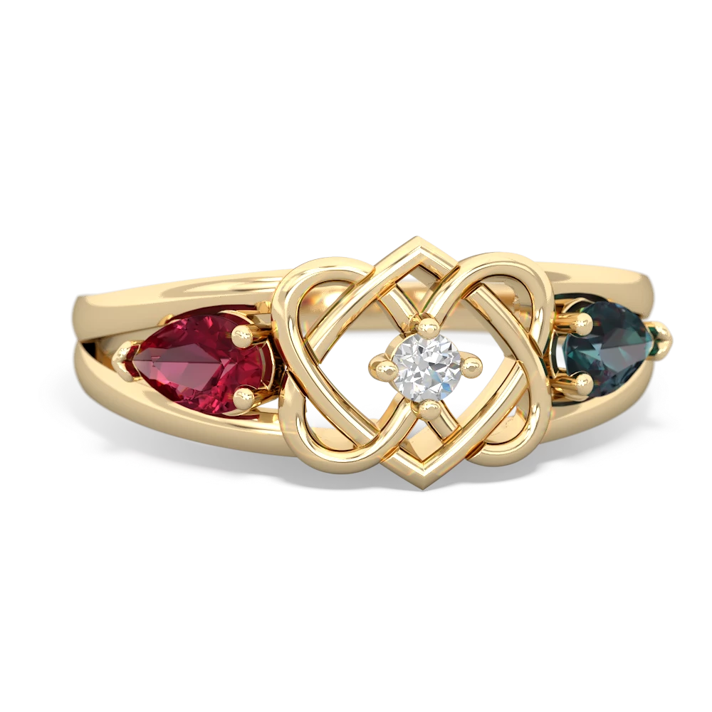 Lab Ruby Hearts Intertwined 14K Yellow Gold ring R5880