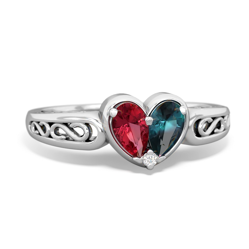 Lab Ruby Filligree 'One Heart' 14K White Gold ring R5070