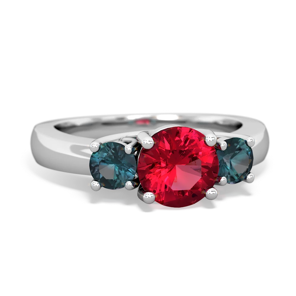 Lab Ruby Three Stone Round Trellis 14K White Gold ring R4018