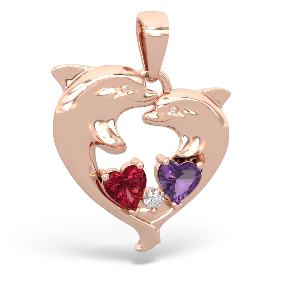 Lab Ruby Dolphin Heart 14K Rose Gold pendant P5820