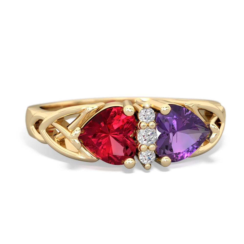 Lab Ruby Celtic Knot Double Heart 14K Yellow Gold ring R5040