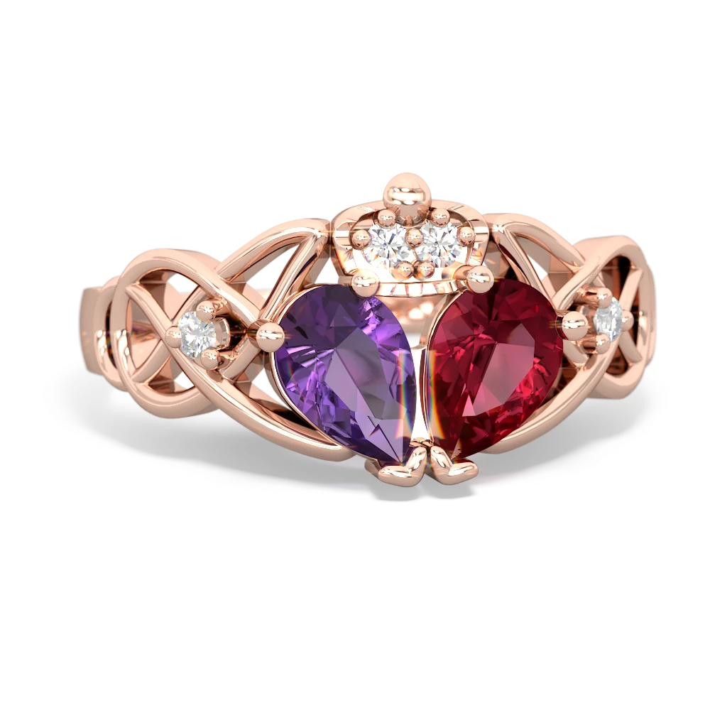 Lab Ruby 'One Heart' Celtic Knot Claddagh 14K Rose Gold ring R5322