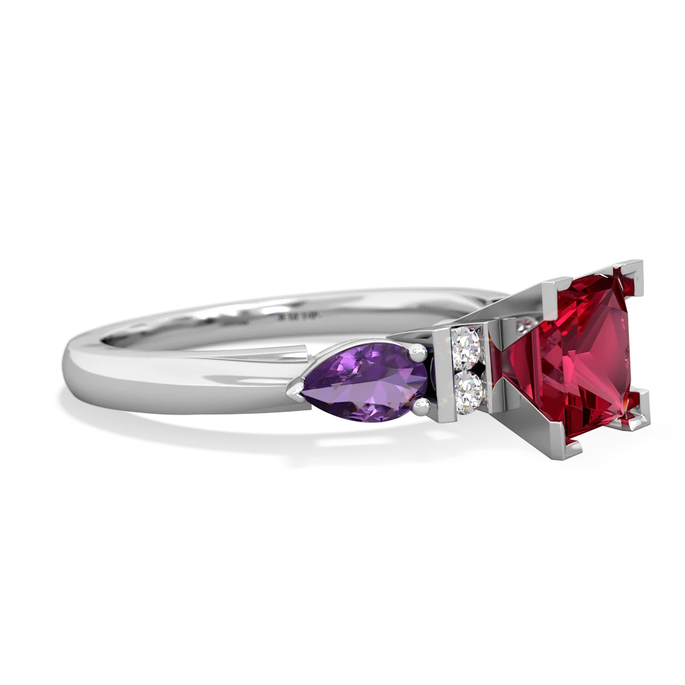 Lab Ruby 6Mm Princess Eternal Embrace Engagement 14K White Gold ring C2002