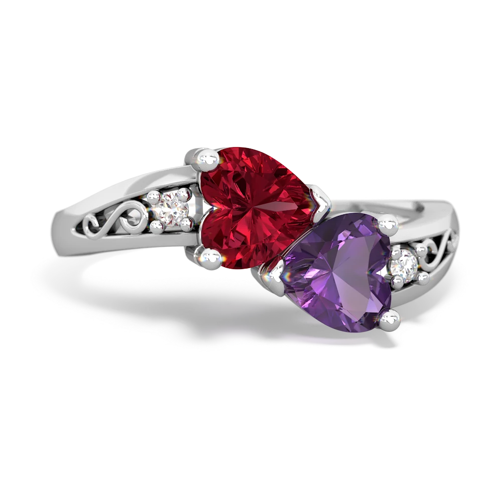 Lab Ruby Snuggling Hearts 14K White Gold ring R2178