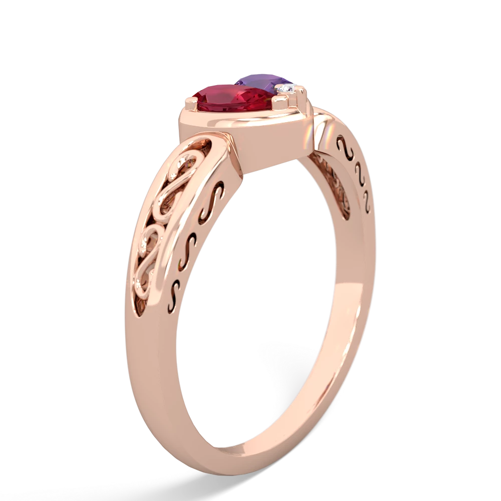 Lab Ruby Filligree 'One Heart' 14K Rose Gold ring R5070