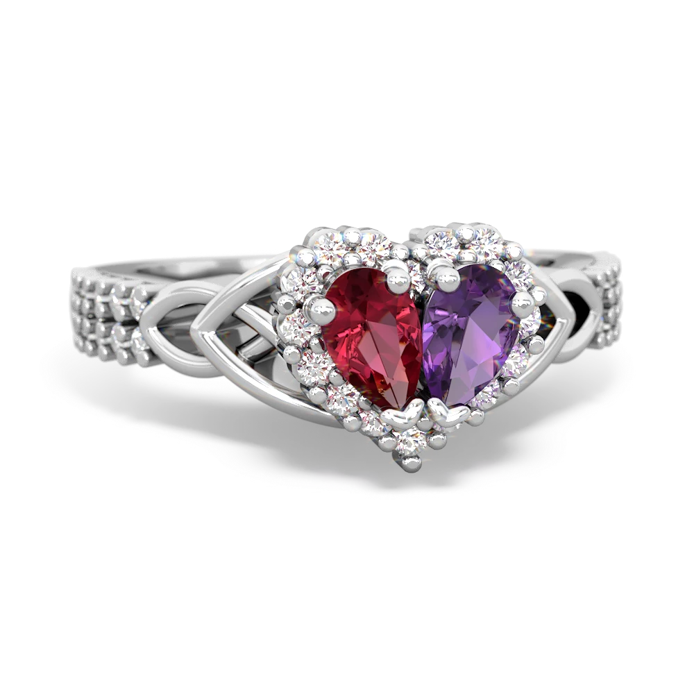 Lab Ruby Celtic Knot Two Hearts As One 14K White Gold ring R2644HRT