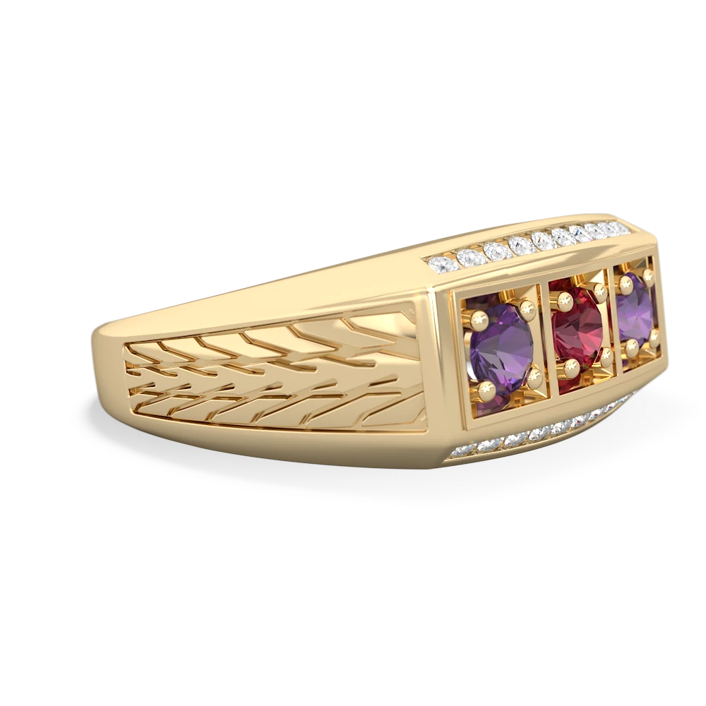 Lab Ruby Three Stone Tire Tread Men's 14K Yellow Gold ring R0520