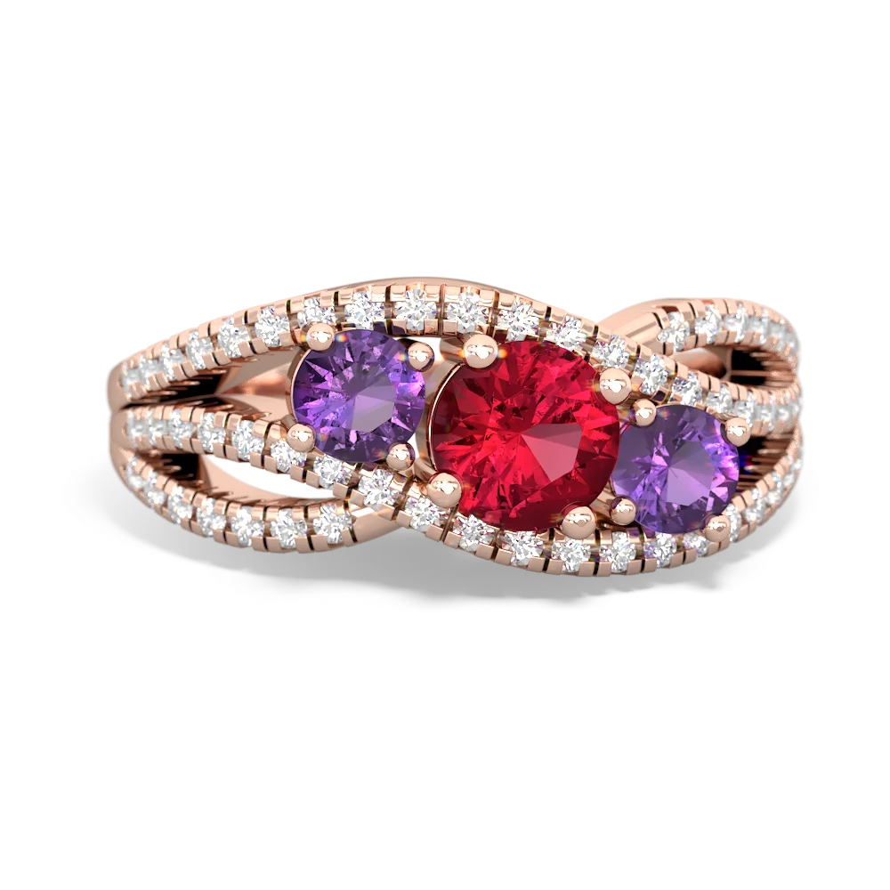 Lab Ruby Three Stone Aurora 14K Rose Gold ring R3080