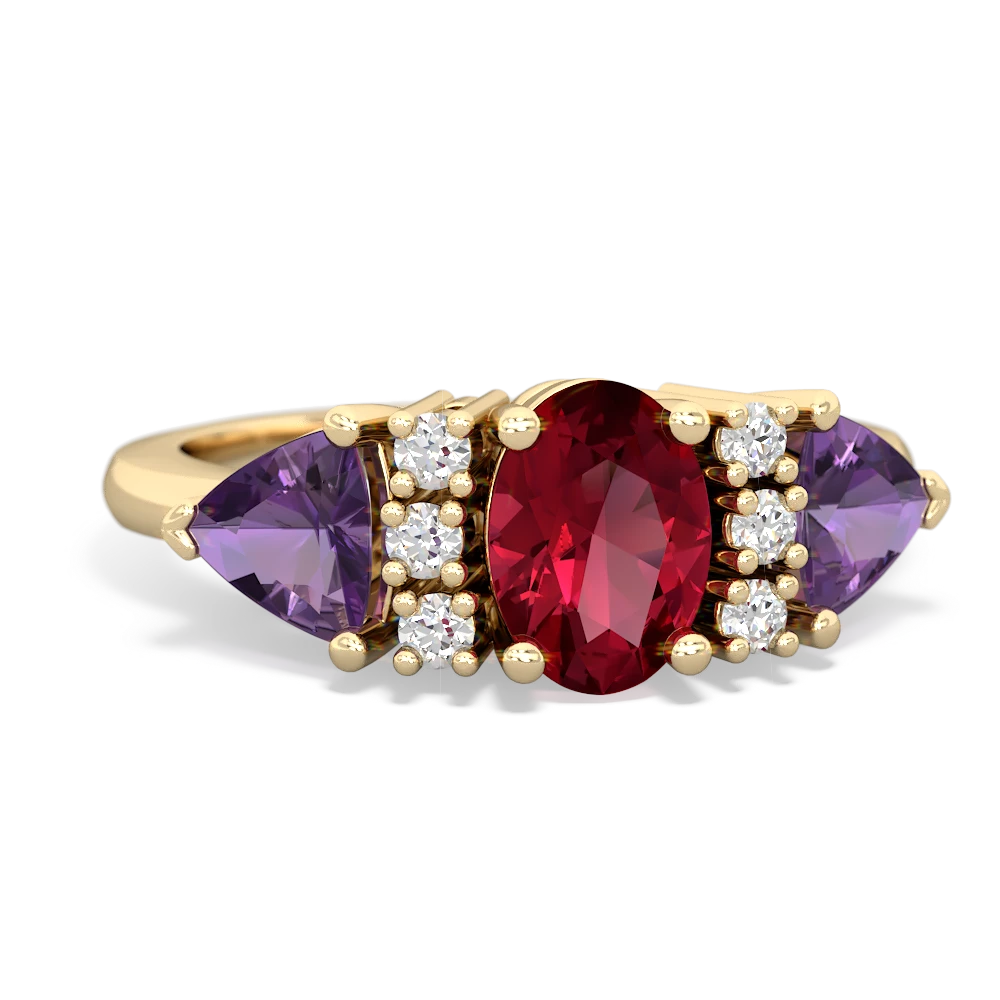 Lab Ruby Antique Style Three Stone 14K Yellow Gold ring R2186