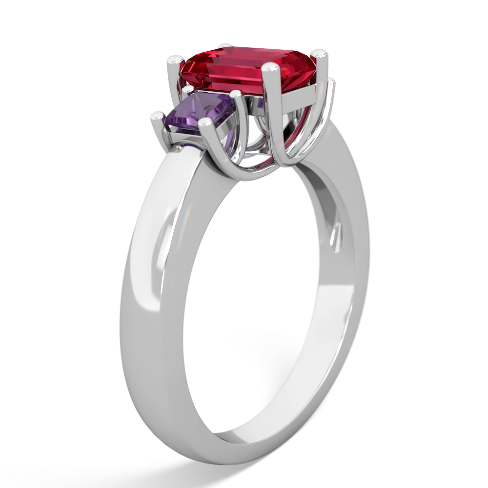 Lab Ruby Three Stone Emerald-Cut Trellis 14K White Gold ring R4021