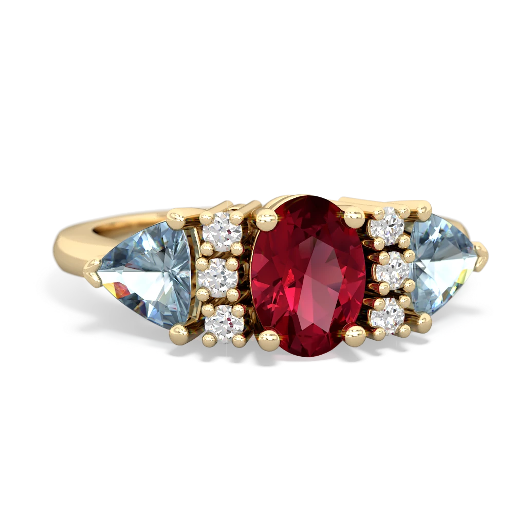 Lab Ruby Antique Style Three Stone 14K Yellow Gold ring R2186