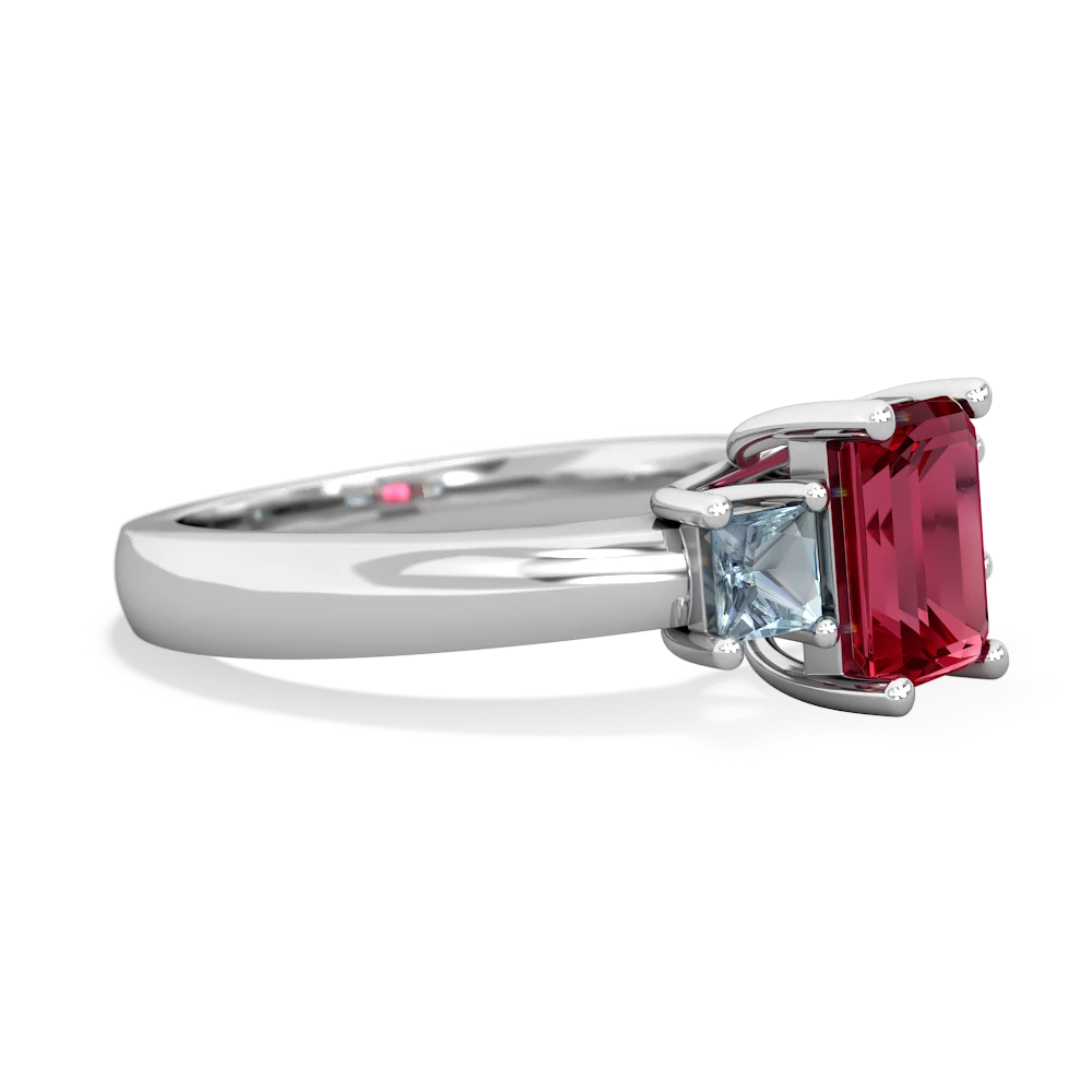 Lab Ruby Three Stone Emerald-Cut Trellis 14K White Gold ring R4021