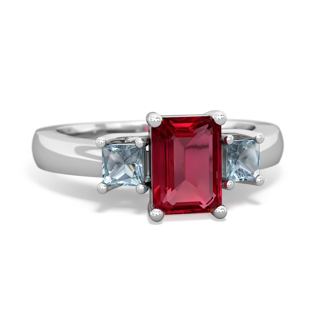 Lab Ruby Three Stone Emerald-Cut Trellis 14K White Gold ring R4021