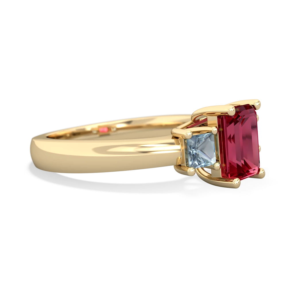 Lab Ruby Three Stone Emerald-Cut Trellis 14K Yellow Gold ring R4021