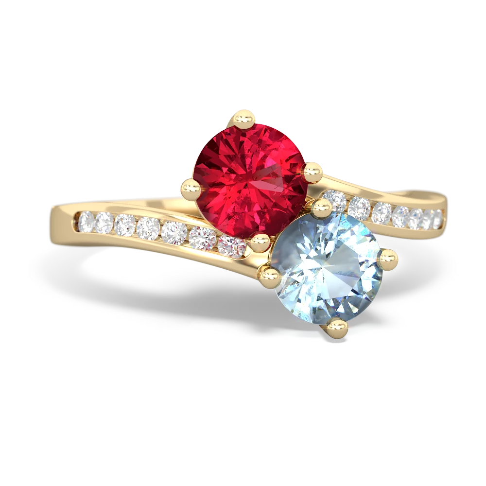 Lab Ruby Channel Set Two Stone 14K Yellow Gold ring R5303