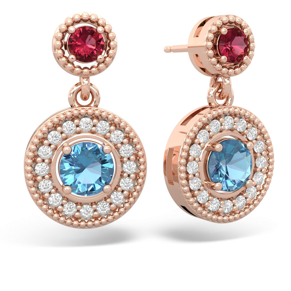 Lab Ruby Halo Dangle 14K Rose Gold earrings E5319