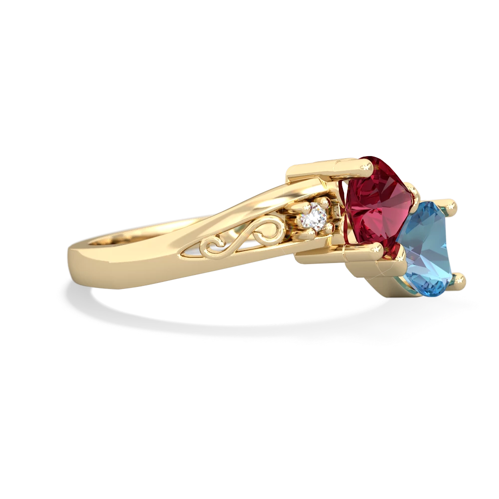 Lab Ruby Snuggling Hearts 14K Yellow Gold ring R2178