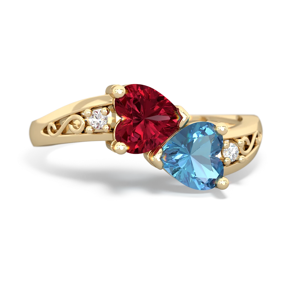 Lab Ruby Snuggling Hearts 14K Yellow Gold ring R2178