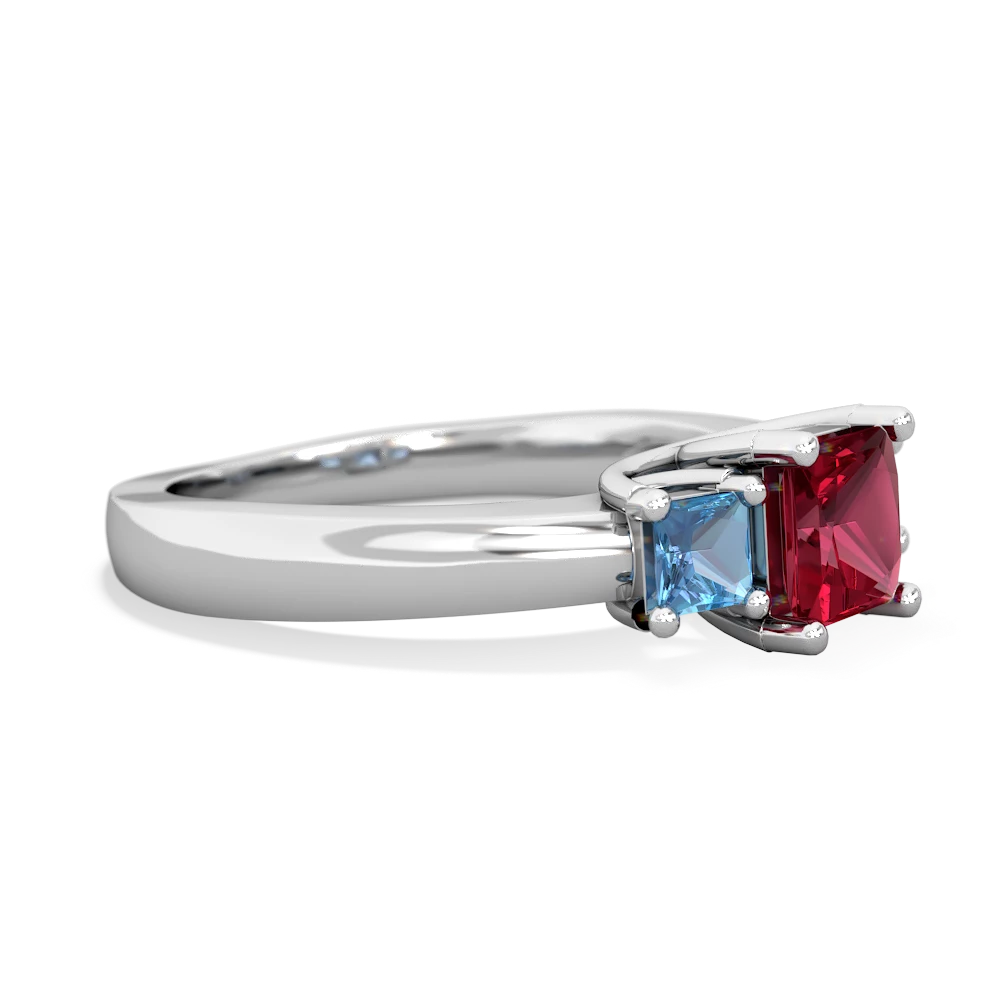 Lab Ruby Three Stone Trellis 14K White Gold ring R4015