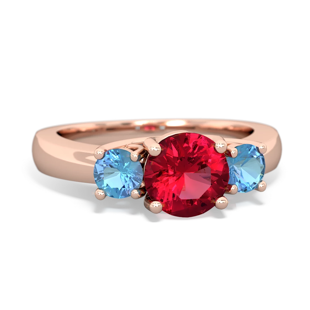 Lab Ruby Three Stone Round Trellis 14K Rose Gold ring R4018