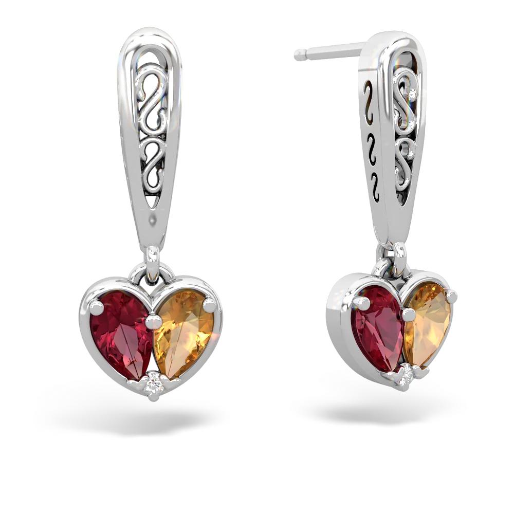 Lab Ruby Filligree Heart 14K White Gold earrings E5070