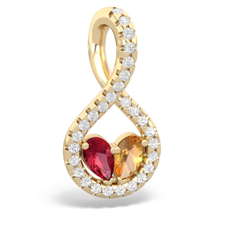 Lab Ruby Pave Twist 'One Heart' 14K Yellow Gold pendant P5360