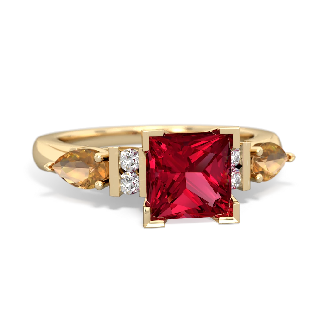 Lab Ruby 6Mm Princess Eternal Embrace Engagement 14K Yellow Gold ring C2002