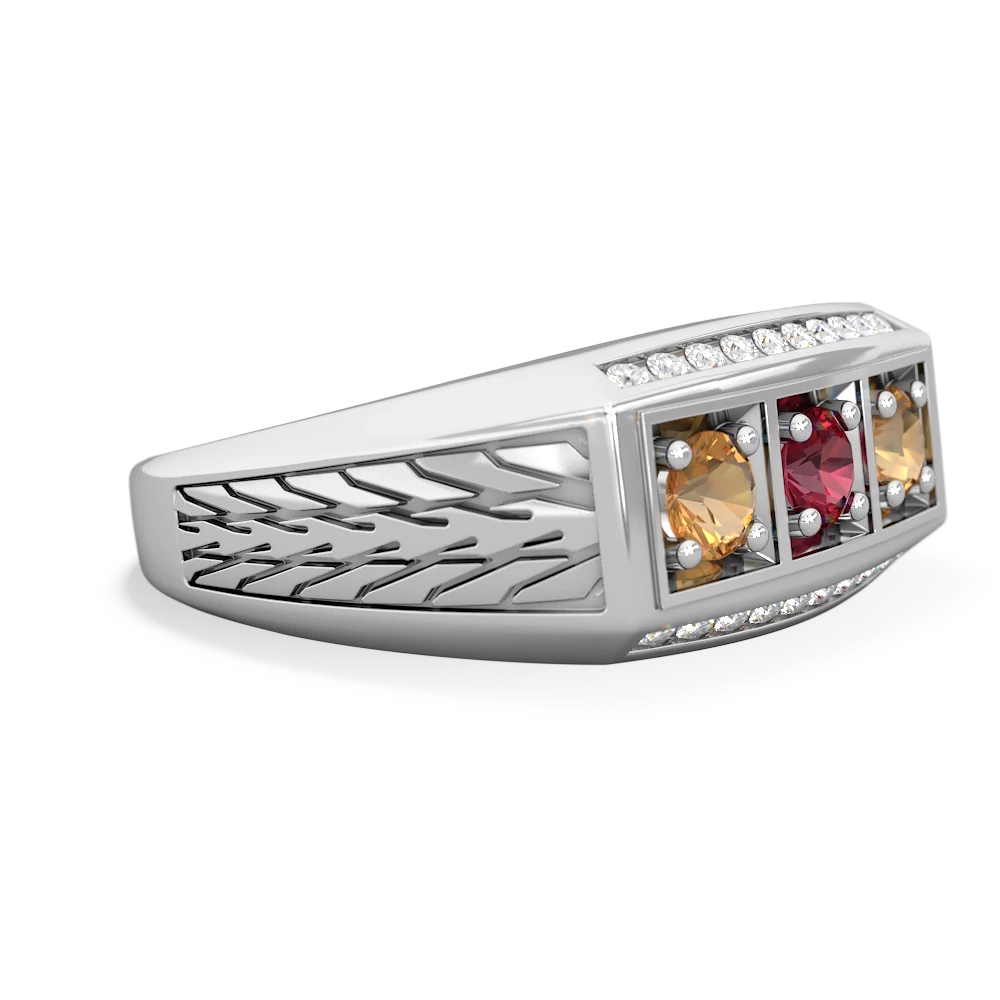 Lab Ruby Three Stone Tire Tread Men's 14K White Gold ring R0520