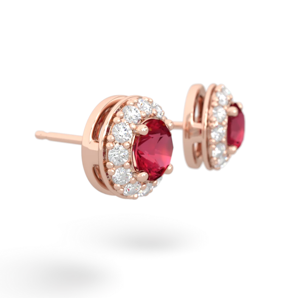 Lab Ruby Diamond Halo 14K Rose Gold earrings E5370