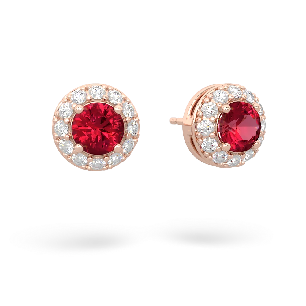 Lab Ruby Diamond Halo 14K Rose Gold earrings E5370