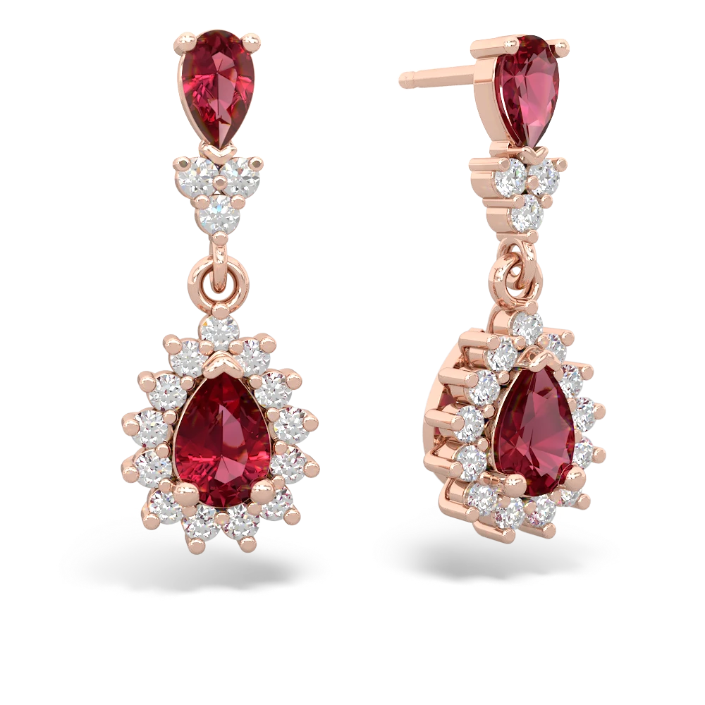 Lab Ruby Halo Pear Dangle 14K Rose Gold earrings E1882