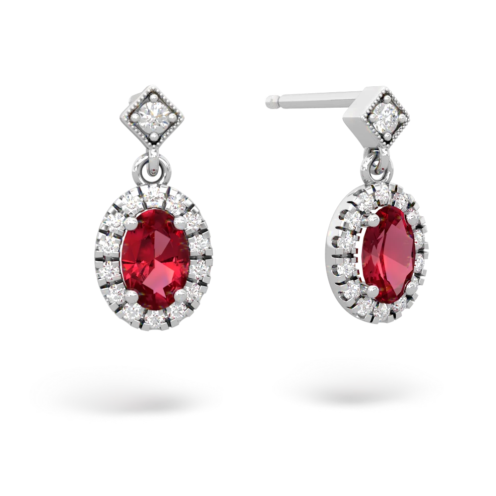 Lab Ruby Antique-Style Halo 14K White Gold earrings E5720