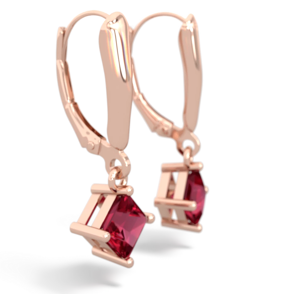 Lab Ruby 6Mm Princess Lever Back 14K Rose Gold earrings E2789
