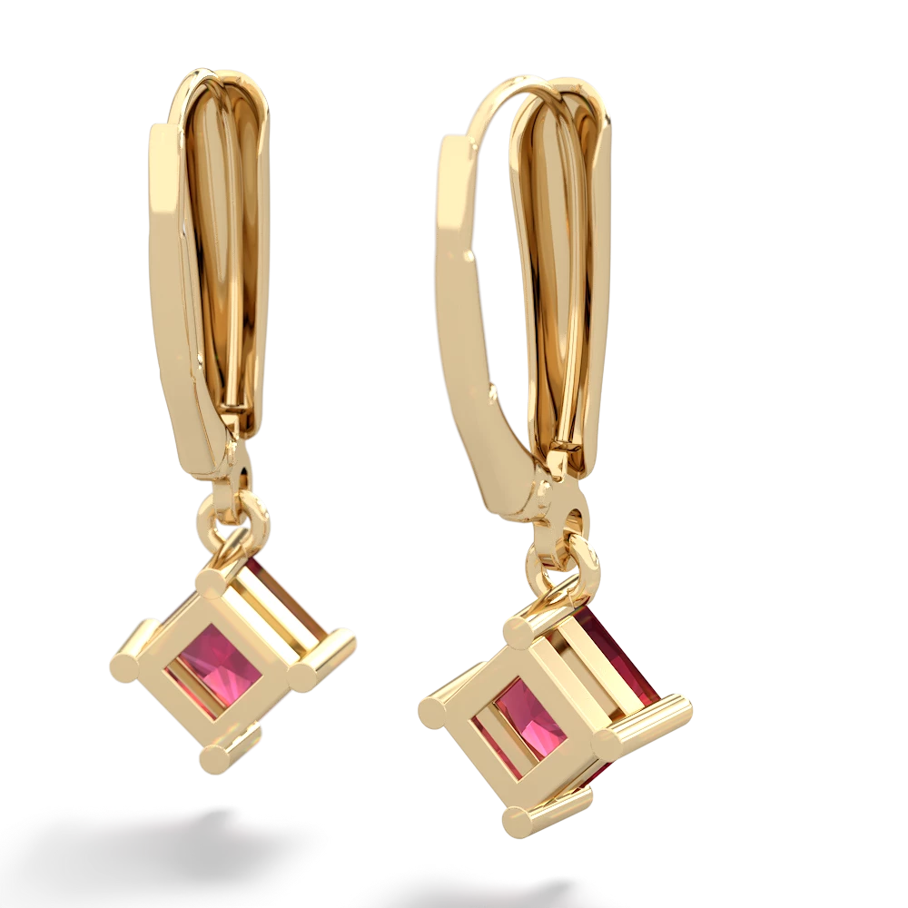 Lab Ruby 6Mm Princess Lever Back 14K Yellow Gold earrings E2789