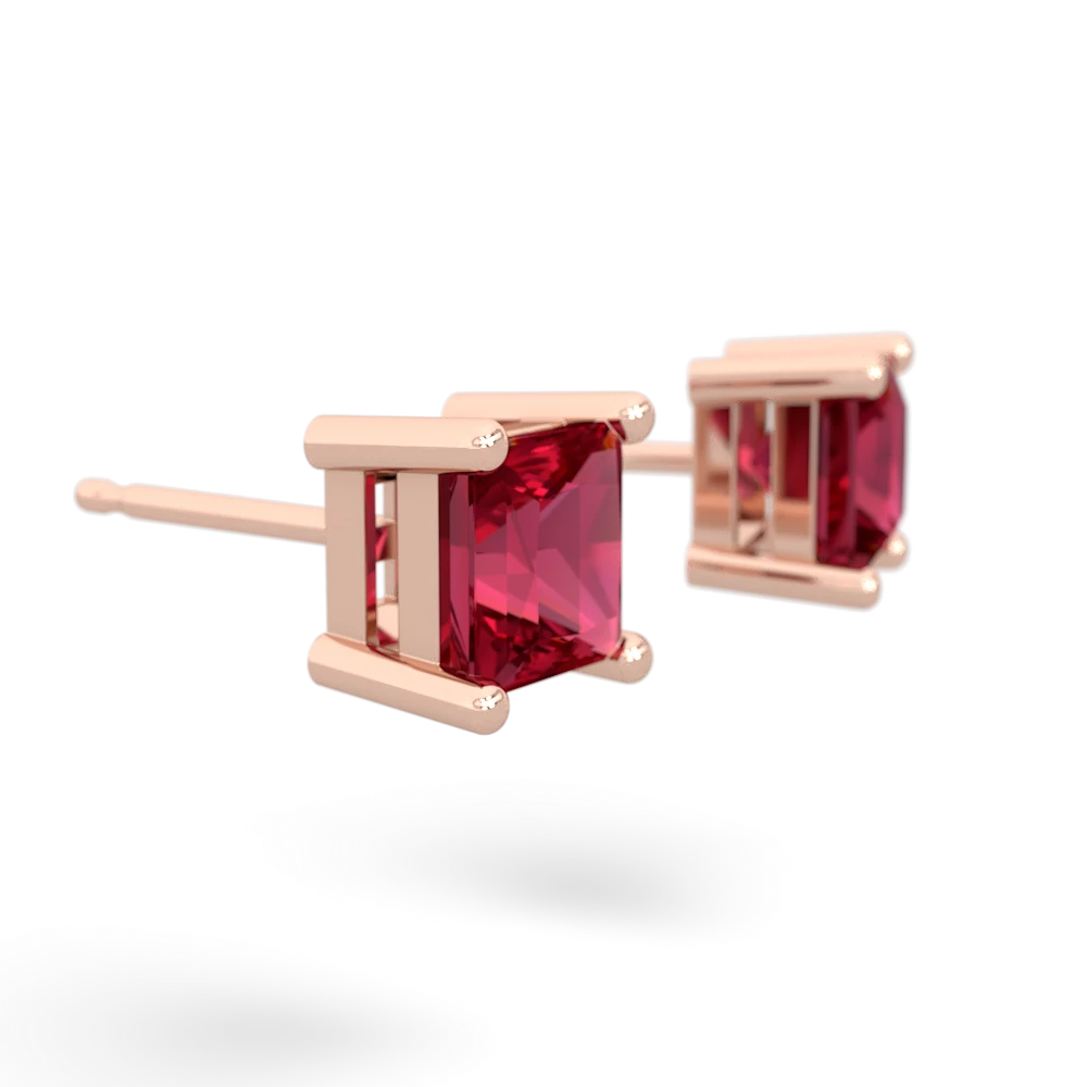 Lab Ruby 5Mm Princess Cut Stud 14K Rose Gold earrings E1789