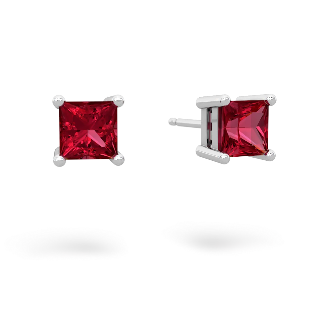 Lab Ruby 5Mm Princess Cut Stud 14K White Gold earrings E1789