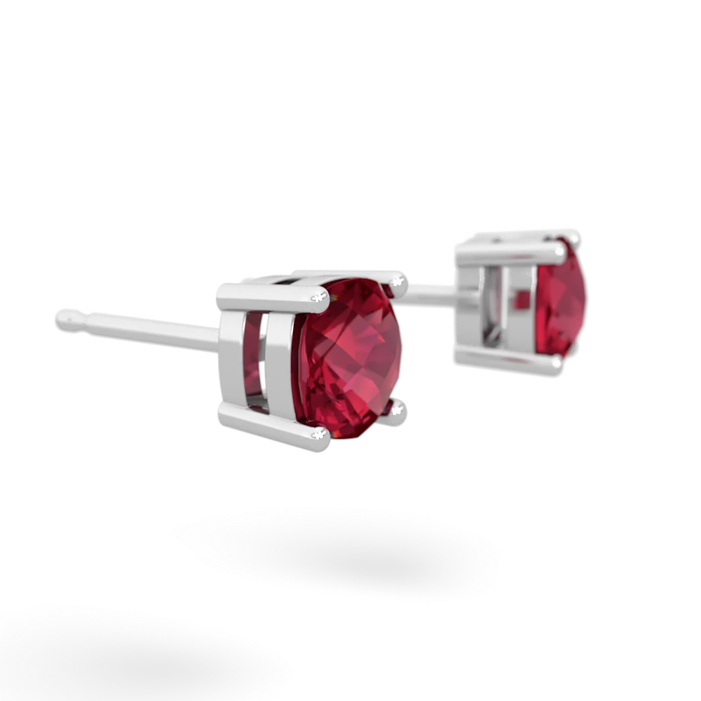 Lab Ruby 5Mm Checkerboard Cushion Stud 14K White Gold earrings E1795