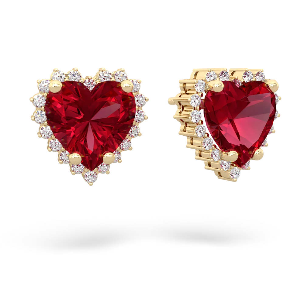 Lab Ruby Sparkling Halo Heart 14K Yellow Gold earrings E0391