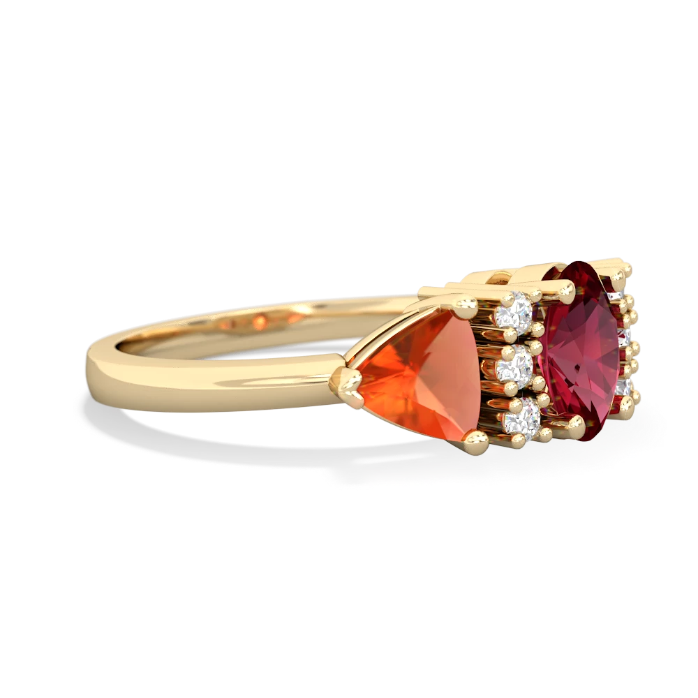 Lab Ruby Antique Style Three Stone 14K Yellow Gold ring R2186