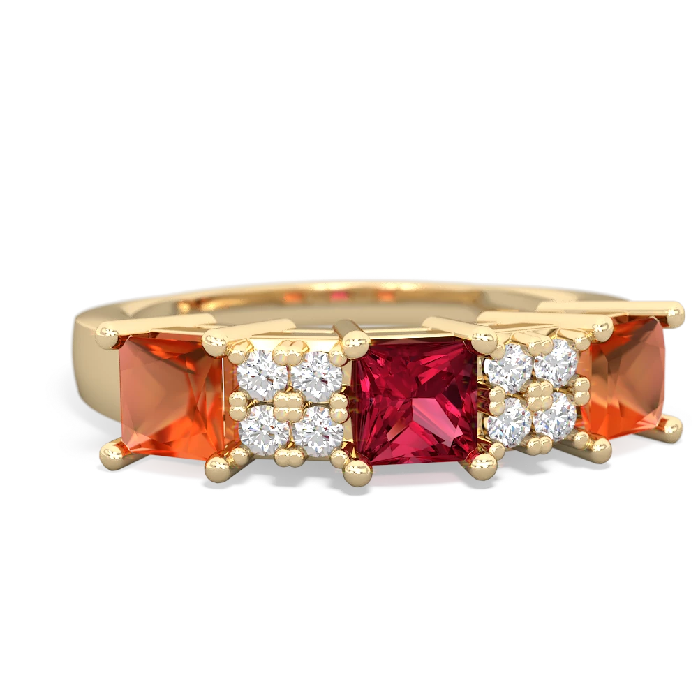 Lab Ruby Three Stone Diamond Cluster 14K Yellow Gold ring R2592