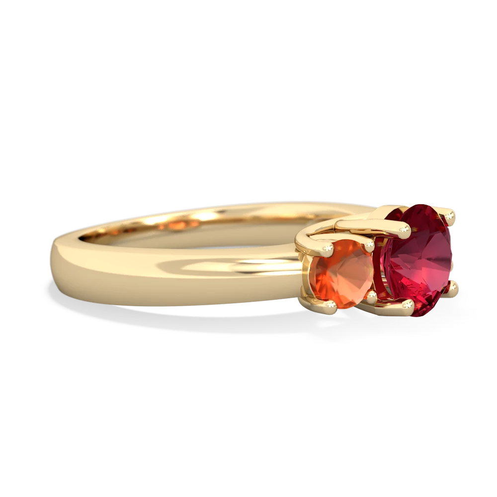 Lab Ruby Three Stone Round Trellis 14K Yellow Gold ring R4018