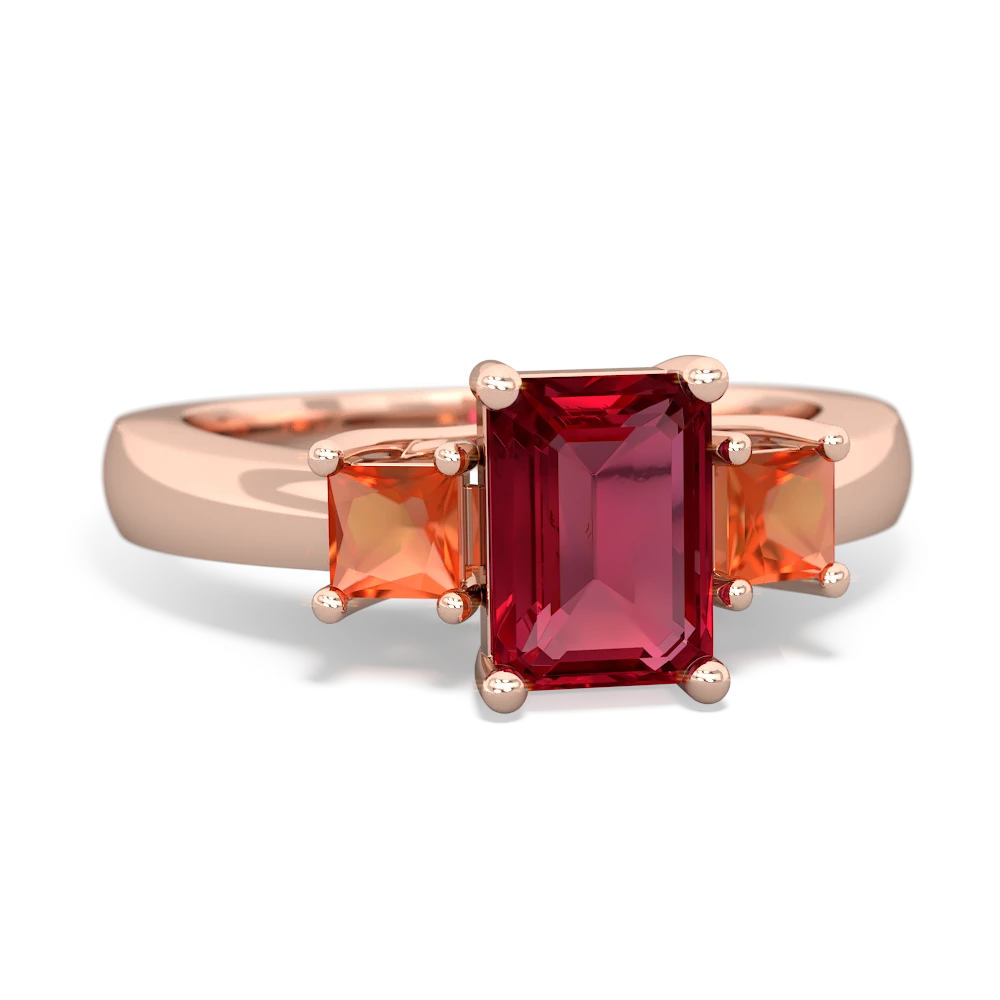 Lab Ruby Three Stone Emerald-Cut Trellis 14K Rose Gold ring R4021