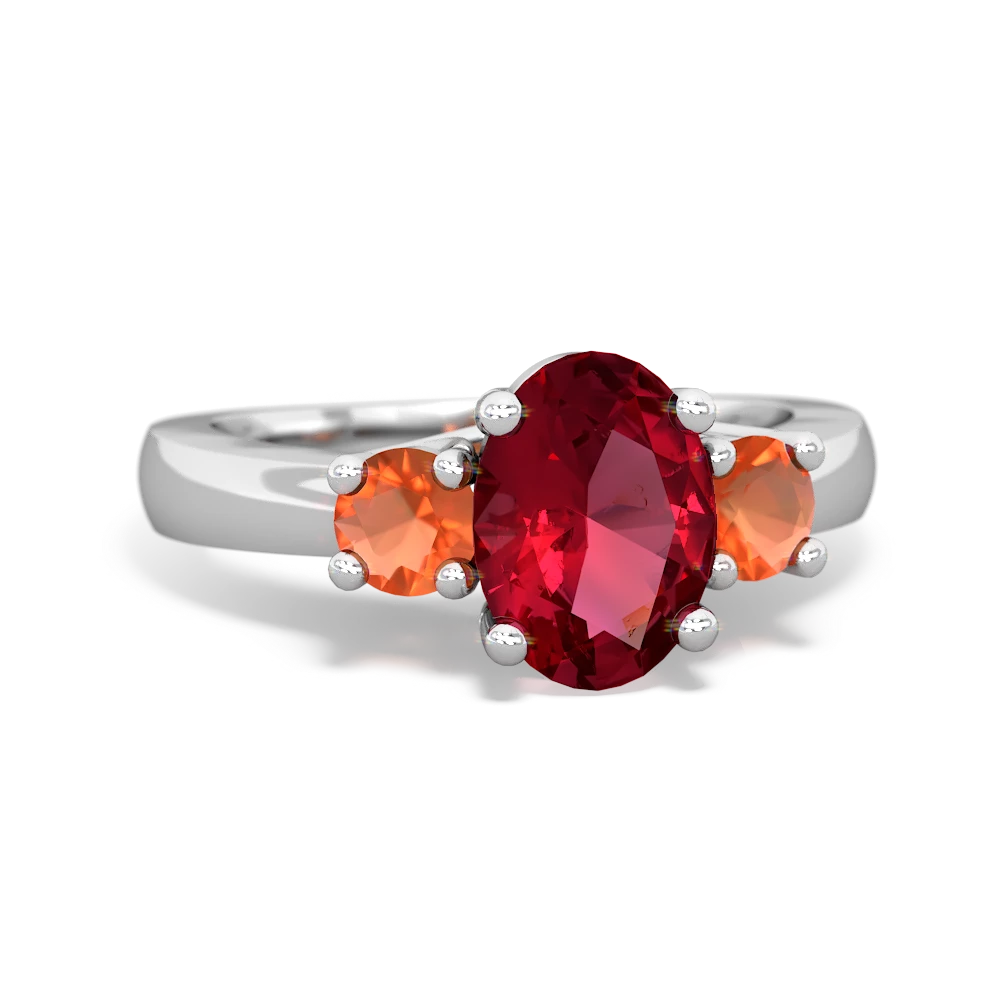 Lab Ruby Three Stone Oval Trellis 14K White Gold ring R4024