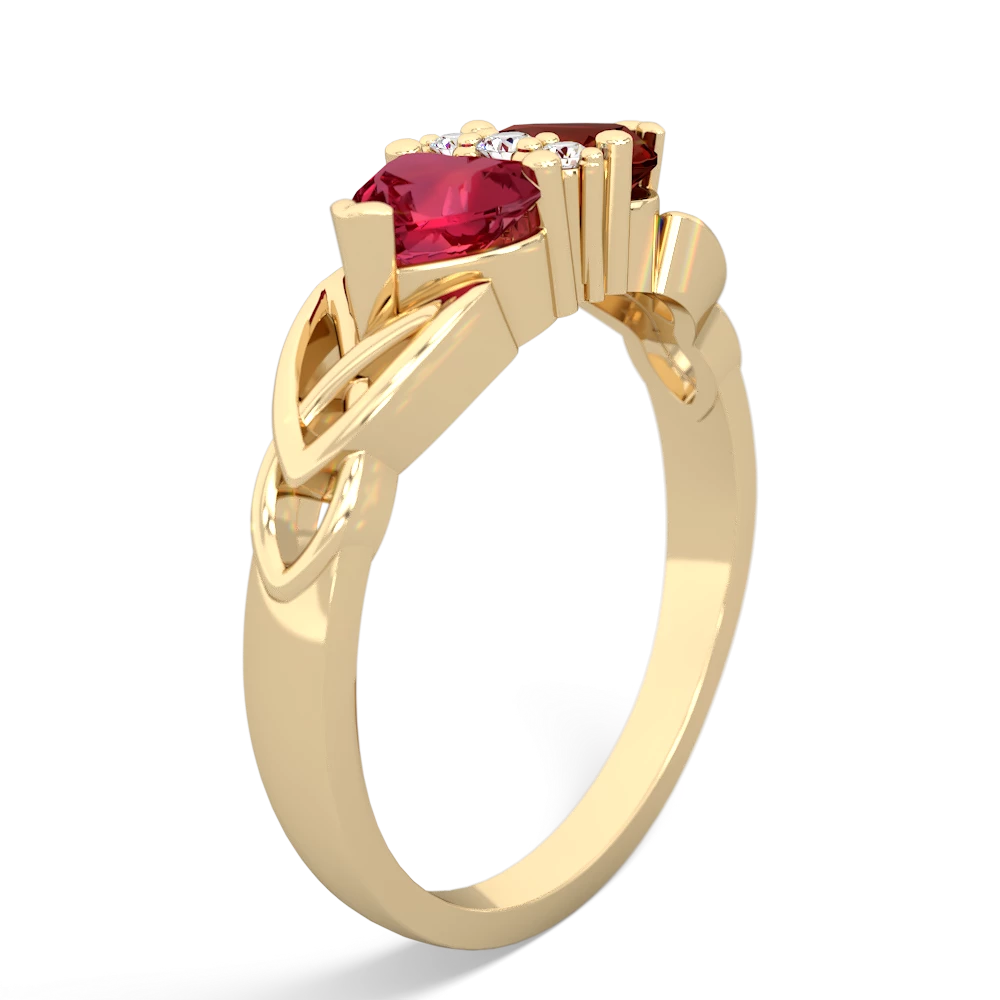 Lab Ruby Celtic Knot Double Heart 14K Yellow Gold ring R5040