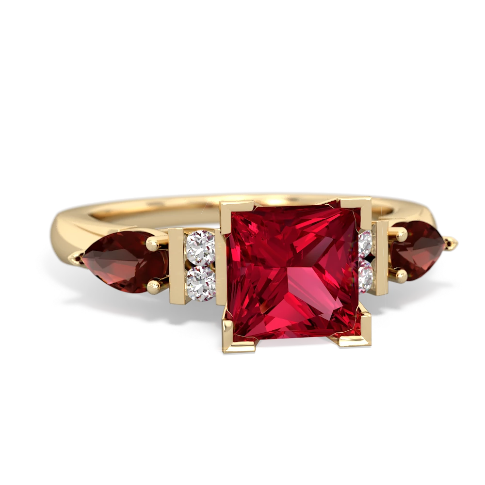 Lab Ruby 6Mm Princess Eternal Embrace Engagement 14K Yellow Gold ring C2002