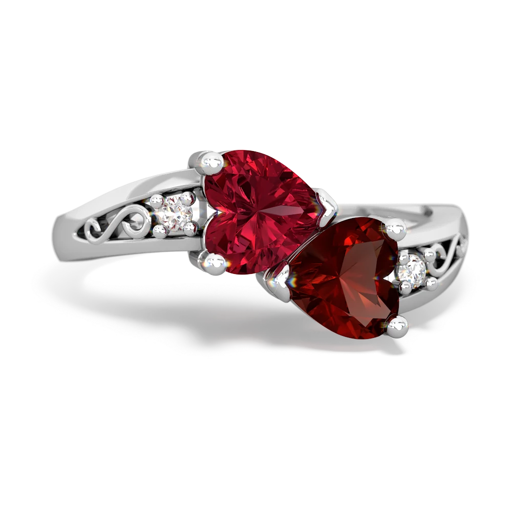 Lab Ruby Snuggling Hearts 14K White Gold ring R2178